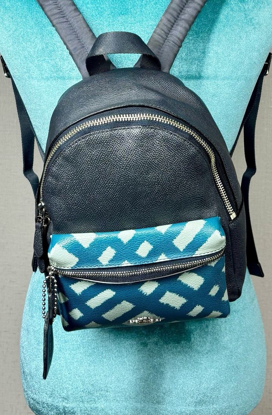 Coach Charlie Mini Backpack Teal Blue Geometric Pebbled Leather Bag Hangtag